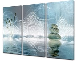 Muurschildering 3-delig - Triptiek schilderij - Woonkamer Decoratie - Zen Meditatie Thema - 150 x 100 cm - Blauw