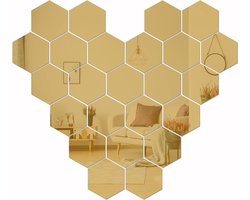 Muursticker, 24 verwijderbare zijden, decoratieve spiegelsticker voor aan de wand, doe-het-zelf acryl wanddecoratie met spiegeltegels in zeshoekige vorm, geschikt voor decoratie in de woonkamer en slaapkamer (goud).