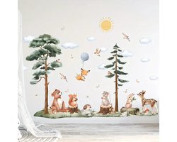 Muursticker 'Bosdieren, Vogels en Vos aan Ballon' - Babykamer - Kinderkamer - 76x55cm - Zelfklevend PVC - Vos - Hert - Beer - Konijn - Eekhoorn - Dierenbos