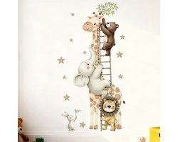 Muursticker "Dieren op een Ladder" - 37x71cm - Zelfklevend PVC - Babykamer - Kinderkamer - Leeuw - Olifant - Beer - Wand Decoratie Kind