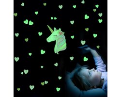 Muursticker Glow in the dark Unicorn Links kijkend | Hartjes | Stickers zelfklevend |kinderkamer decoratie| slaapkamer |Meisje | Jongen | Huis inrichting | Stickerkamer®