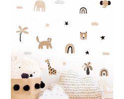 Muursticker Kinderkamer - Babykamer - 38 stickers - Wilde Dieren - Jungle - Safari - Cartoon - Jongen - Meisje - Zelfklevend PVC - Beige - Neutrale Kleuren