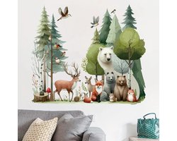 Muursticker Kinderkamer - Babykamer - 53x46cm - Bosdieren - Bos met Dieren - Bomen - Beren - Beer - Herten - Vos - Jongen - Meisje - Zelfklevend PVC