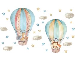 Muursticker Kinderkamer - Babykamer - Cartoon Dieren in Luchtballon - Jungle - Aquarel - 82x50cm - Jongen - Meisje
