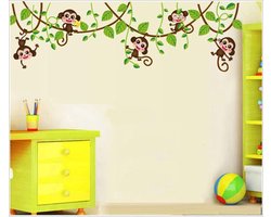 Muursticker kinderkamer babykamer | jongen meisje | aap banaan bos bladeren jungle takken |  decoratie