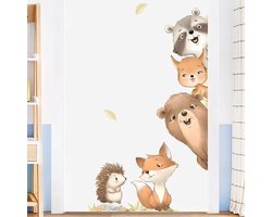 Muursticker Kinderkamer - Babykamer - Vrolijke Cartoon Dieren - 50x80cm - Vos - Wasbeer - Egel - Jongen - Meisje - Zelfklevend PVC