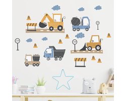 Muursticker Kinderkamer - Babykamer - Werkverkeer - Werkauto - Graafmachine - Auto's - 70x46cm - Jongen