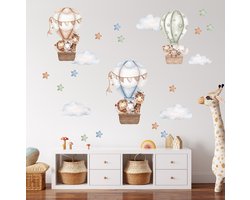 Muursticker kinderkamer verwijderbaar | Luchtballon dieren | Cartoon jungle dieren | Sterren en wolken | Aap | Olifant | Giraf | Stickers zelfklevend | Babykamer | Slaapkamer | Meisje | Jongen | Stickerkamer®