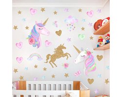 Muursticker | Unicorn | Eenhoorn | Hartjes | Goud | Wanddecoratie | Muurdecoratie | Slaapkamer | Kinderkamer | Babykamer | Jongen | Meisje | Decoratie Sticker |