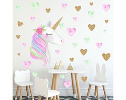 Muursticker | Unicorn | Eenhoorn | Hartjes | Rose | Goud | Wanddecoratie | Muurdecoratie | Slaapkamer | Kinderkamer | Babykamer | Jongen | Meisje | Decoratie Sticker |