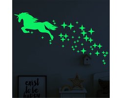 Muursticker unicorn - Muurstickers slaapkamer - eenhoorn lichtgevend- glow in the dark sticker met sterren