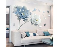 Muurstickers, behang, blauwe en witte pioenrozendecoraties, wandornamenten, decoratieve schilderijen voor woonkamers en slaapkamers