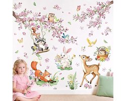 Muurstickers kinderkamer - Bosdieren wanddecoratie - Bloesemtakken tussen dierfiguren - Vos hert konijn eekhoorn - Zelfklevende verwijderbare PVC figuren - Voor meubels en glas - Roze/groen - 95 x 80 cm