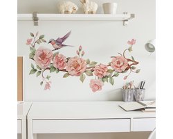 Muurstickers rozen - vogel - rozenstrook - roze - tak - slaapkamer - woonkamer - decoratie - kleurrijk - Stickerkamer®