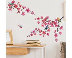 Muurstickers rozen - vogel - rozenstrook - roze - tak - slaapkamer - woonkamer - decoratie - kleurrijk - Stickerkamer®