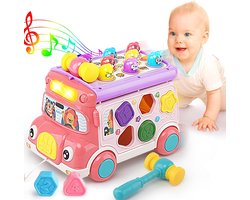 Muziekactiviteitenbus voor baby's, educatieve auto voor baby's, geluid en licht, interactief spel, vormensorteerder, dierenmatching, cadeau voor peuters, jongens en meisjes (3, 4, 5, 6, 7 jaar) (roze)