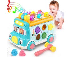 Muziekactiviteitenbus voor baby's, educatieve auto voor baby's, geluid en licht, interactief spel, vormensorteerder, dierenmatching, cadeau voor peuters, jongens en meisjes (3, 4, 5, 6, 7 jaar) (blauw)