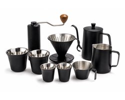 My Green Deal - Complete RVS Koffieset – Barista Set met Handkoffiemolen – RVS Koffiekan 600 ml – Melkkan, Koffiefilter en 4 Koffiekopjes – Mat Zwart – 9-delig