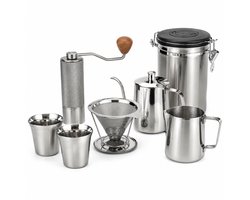 My Green Deal Complete RVS Koffieset – Koffiemolen, Koffiefilter, Koffiebus 1,8 L, Koffiekan, Melkkan en 2 Bekers