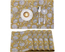 My Ninki ® Set van 6 Elegante Bloemenpatroon Placemats voor Boho Tafelsetting in Zonnig Geel