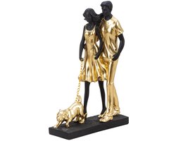 My Ninki ® Stijlvolle Decoratieve Sculptuur van Koppel met Hond in Goud en Zwart, Kunststeen, 30 cm Hoog, 19,5 cm Breed