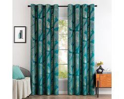 My Ninki ® Verfijnde Turquoise Fluwelen Gordijnen met Elegant Goudfolie Bladerpatroon voor Stijlvolle Interieurs