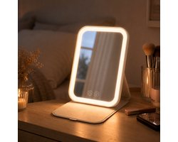 MyGear Make Up Spiegel met Verlichting - 3 Lichtstanden - Dimbaar - LED Licht - USB-C Oplaadbaar - Handspiegel - Cosmeticaspiegel - Reisspiegel Met Beschermhoes - Wit