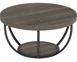 Mygroot - Ronde salontafel - Grijs en zwart - Industriële 2-laags ronde salontafel - Met opbergplanken - Moderne houten bank bijzettafel.