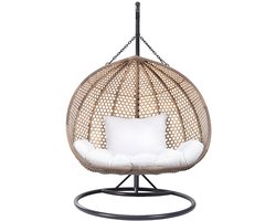 MYLIA Tweezits hangstoel van beige gevlochten hars met wit kussen - VAHINA L 130 cm x H 195 cm x D 68 cm