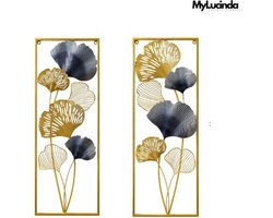 MyLucinda® 2-Piece Metalen Wanddecoratie Ginkgo Blad - Gouden Muurdecoratie - 85x31x5cm Licht Extravagante Stijl