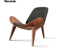 Mylucinda® - Luxe Nordic Lounge Stoel - Driepotig Schelpontwerp - Zwart Walnoot Multiplex & Hoogwaardig Kunstleer - Perfect voor de Woonkamer