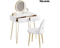 Mylucinda® - Make-up Tafel Set met 3-Niveau Verstelbare LED Spiegel en Fluwelen Stoel – 80x40 cm – Dressoir voor Slaapkamer – Perfect Cadeau voor Meisjes en Vrouwen