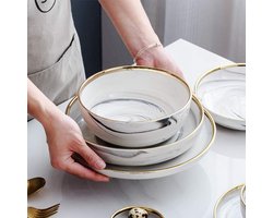 N Een Noordse Marmer Patroon Ins Vergulde Gouden Plaat Bowl Set Combinatie Rijstkom Soepkom Eenvoudige Diner Plaat