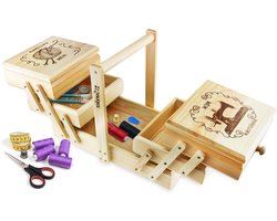 Naaidoos met motief - Naai organizer - Hobby opbergen - Handgemaakt massief hout - 42x24x30cm - Natuur/licht