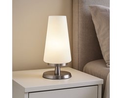 Nachtkast-lampje staal met wit glas – Touch tafellamp met LED lichtbron