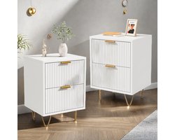 Nachtkastje (2-delig), nachtkastje met lade, modern wit nachtkastje, bijzettafel, modern breed houten nachtkastje, houten nachtkastjes met metalen poten voor slaapkamer, woonkamer, bank, thuiskantoor