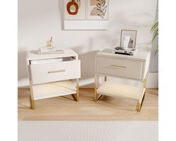 Nachtkastje (2 stuks) - LED-stripverlichting - Eén lade - Gestoffeerde ladekast / Nachtkastje voor in de slaapkamer - Fluwelen stof - Beige