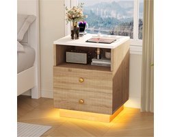 Nachtkastje 2pcs, LED-Verlichting, Natuurlijke Houtkleur, 2 Lades/Open Opbergvakken, Modern Nachtkastje, Geïntegreerde Opberg-, Decoratie en Oplaadfuncties