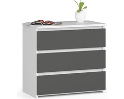 Nachtkastje 60 cm met 3 Lades - Wit/Donkergrijs, Zelfmontage, ABS Nachtkastje CL3 met 3 Lades / AKORD Furniture Factory / Wit - Grafietgrijs / 60 x 57 x 35 cm, 16 mm Gelamineerd Paneel