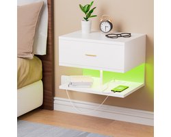 Nachtkastje - Aan de muur gemonteerd nachtkastje - Zwevend nachtkastje - Wit nachtkastje (1 AC/2 USB-poorten - Nachtkastje met enkele lade - Nachtkastje met lamp - Houten nachtkastje 40 x 30 x 30 cm