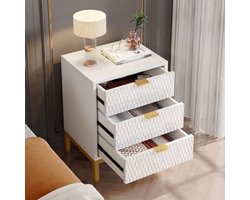 Nachtkastje – Bedside Table – Bijzettafel – Opbergkast – Dressoir – Wit en Goud – 3 Lades – Modern Design – Ruime Opbergruimte – Stevige Constructie