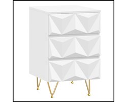 Nachtkastje Bedside Table – Modern – 3 lades – 3D-effect – Wit met gouden accenten – Opbergruimte – Stabiel metalen frame – Duurzaam – Minimalistisch – Voor slaapkamer en woonkamer – Gemakkelijk te monteren