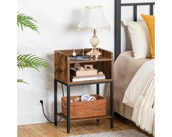 Nachtkastje, bijzettafel met laadstation, nachtkastje met 2 AC-poorten, 2 USB-poorten, voor slaapkamer, woonkamer, vintage bruin en zwart