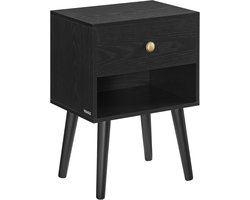 Nachtkastje Bijzettafel met Lade en Open Plank Houten Poten Salontafel voor Woonkamer Slaapkamer Bank Ebbenhout Zwart