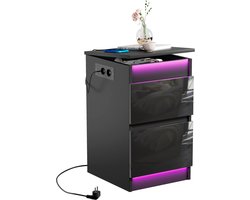 Nachtkastje - Bijzettafel Nachtkastje - 2 lades 40x35x60cm - (2AC + 2USB) EU-stekker met afdekplaat - Bluetooth LED-lamp Geschikt voor slaapkamers en woonkamers Zwart