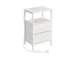 Nachtkastje Bijzettafel Opbergkast met verkleurbare LED-lamp, oplaadstopcontact, 2 lades en 1 vak Stabiel duurzaam metaalframe Modern minimalistisch stijlvol ontwerp Geschikt voor slaapkamer en woonkamer 30x39,6x60,4cm Wit