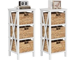 Nachtkastje – Bijzettafel – Opbergkastje – Woonkamerkast – Slaapkamermeubel – Set Van 2 – 4 Lagen Met 3 Zeegras Mandjes – Stevige Houten Constructie Met X-Vormige Steunen