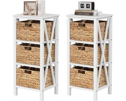Nachtkastje – Bijzettafel – Opbergkastje – Woonkamerkast – Slaapkamermeubel – Set Van 2 – 4 Lagen Met 3 Zeegras Mandjes – Stevige Houten Constructie Met X-Vormige Steunen