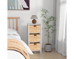 Nachtkastje – Bijzettafel – Opbergkastje – Woonkamerkast – Slaapkamermeubel – Set Van 2 – 4 Lagen Met 3 Zeegras Mandjes – Stevige Houten Constructie Met X-Vormige Steunen