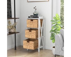 Nachtkastje – Bijzettafel – Opbergkastje – Woonkamerkast – Slaapkamermeubel – Set Van 2 – 4 Lagen Met 3 Zeegras Mandjes – Stevige Houten Constructie Met X-Vormige Steunen